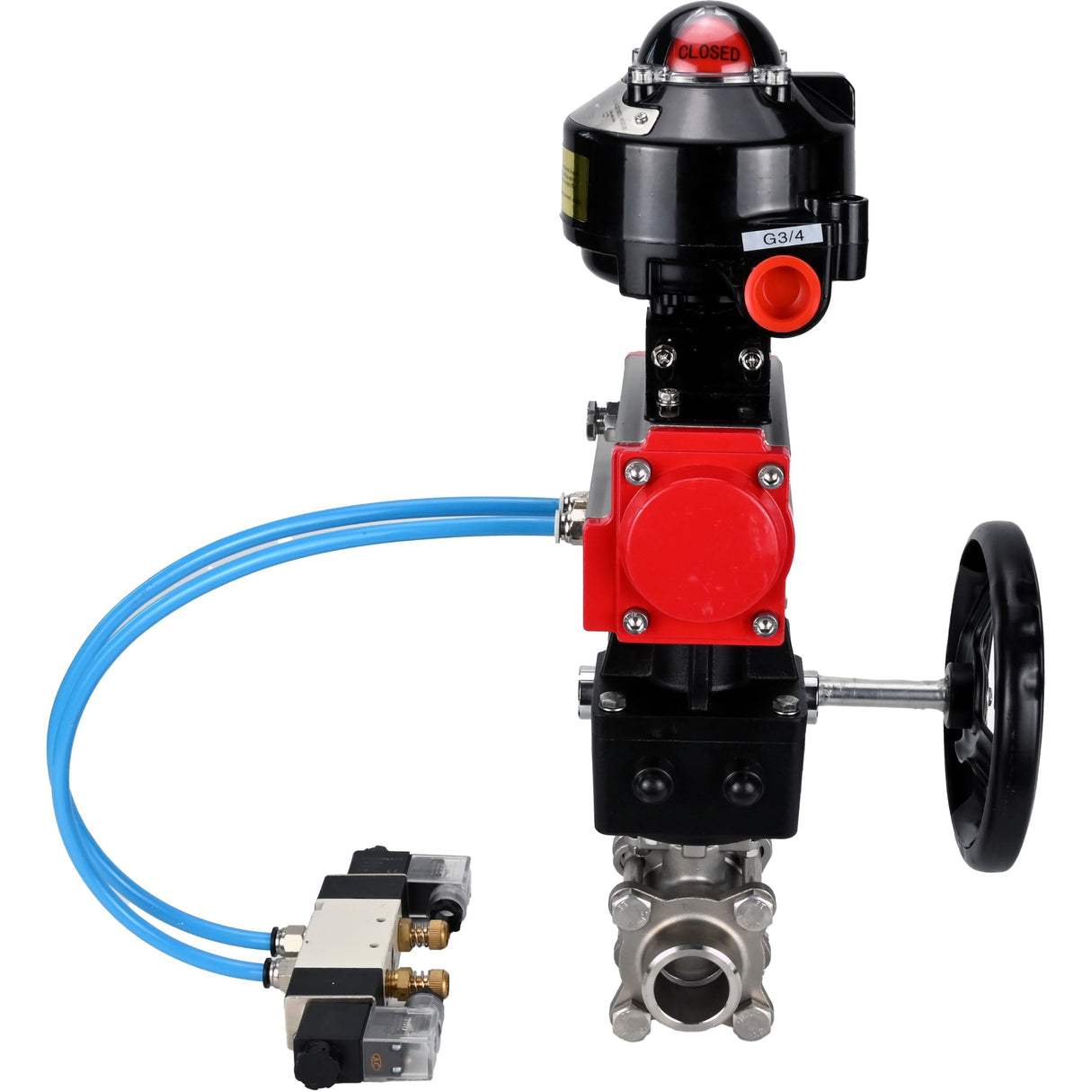 Ball valves Elephant BV3232P(3pc)-FP-W-ISO-H WDVF DN15-32 63 bar full bore, 316 stainless steel, seal - PTFE, for welding, with PA-DA pneumatic actuator, with pneumatic distributor 4V320-10 220V, LSU APL-510N EX, manual backup for MON