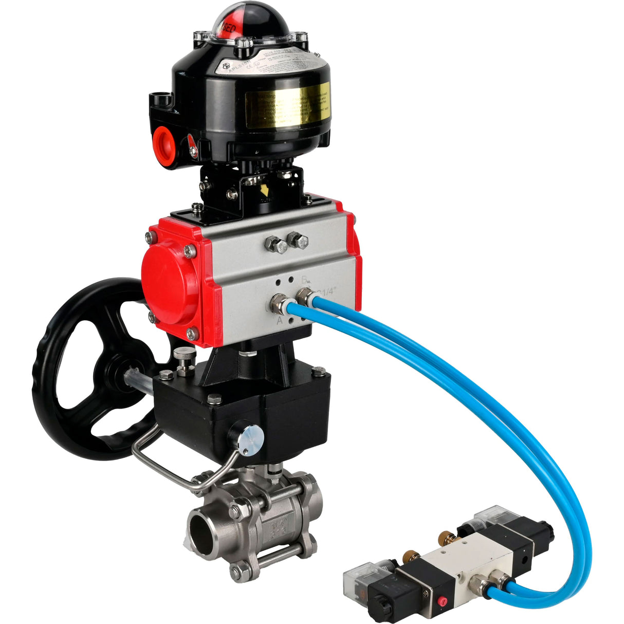 Ball valves Elephant BV3232P(3pc)-FP-W-ISO-H WDVF DN15-32 63 bar full bore, 316 stainless steel, seal - PTFE, for welding, with PA-DA pneumatic actuator, with pneumatic distributor 4V320-10 220V, LSU APL-510N EX, manual backup for MON