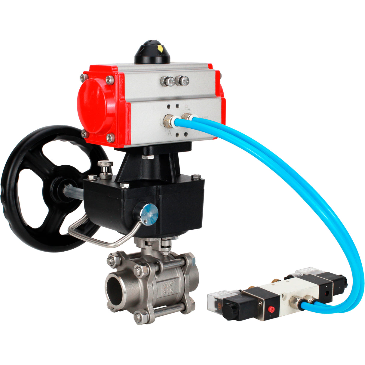 Ball valves Elephant BV3232P(3pc)-FP-W-ISO-H WDVF DN15-32 63 bar full bore, body - 316 stainless steel, seal - PTFE, for welding, with PA-DA pneumatic actuator, pneumatic distributor 4V320-08 220V, manual backup for MON