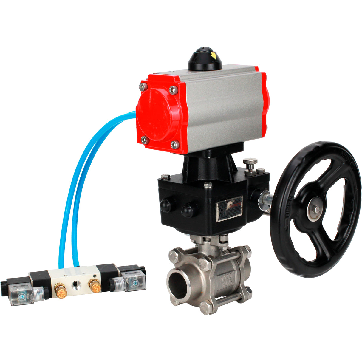 Ball valves Elephant BV3232P(3pc)-FP-W-ISO-H WDVF DN15-32 63 bar full bore, body - 316 stainless steel, seal - PTFE, for welding, with PA-DA pneumatic actuator, pneumatic distributor 4V320-08 220V, manual backup for MON