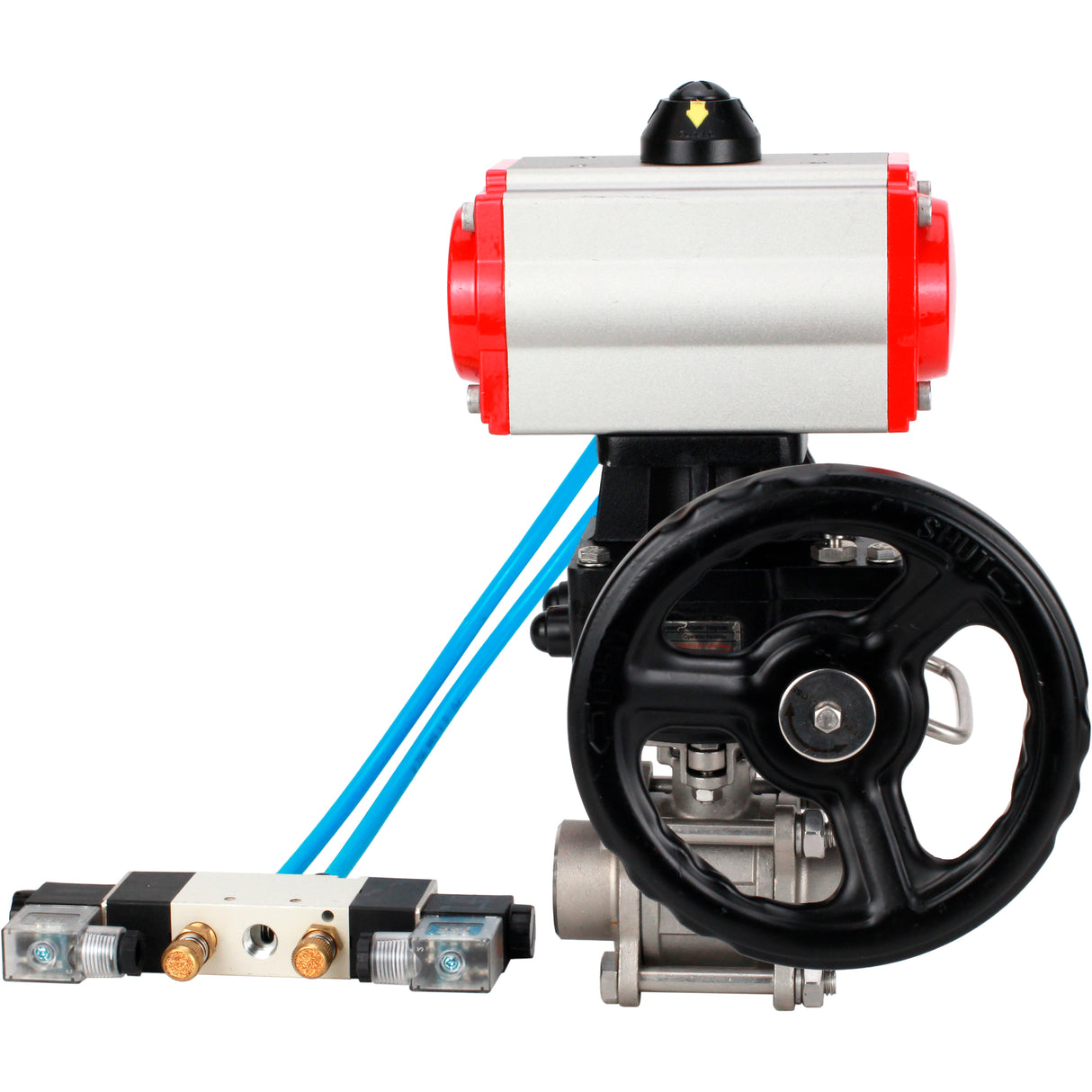 Ball valves Elephant BV3232P(3pc)-FP-W-ISO-H WDVF DN15-32 63 bar full bore, body - 316 stainless steel, seal - PTFE, for welding, with PA-DA pneumatic actuator, pneumatic distributor 4V320-08 220V, manual backup for MON