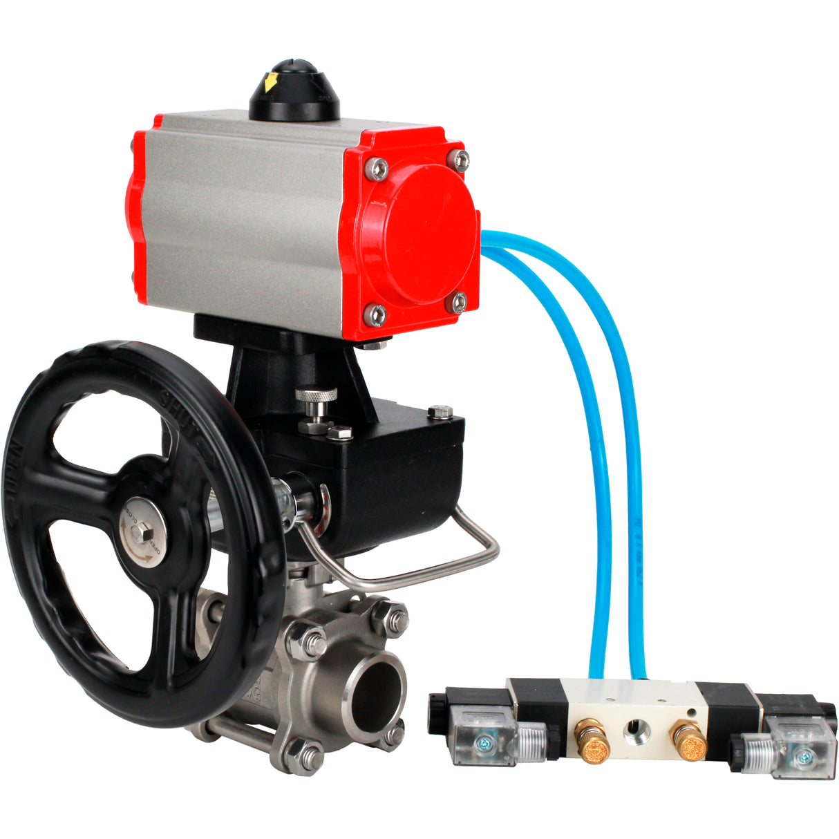 Ball valves Elephant BV3232P(3pc)-FP-W-ISO-H WDVF DN15-32 63 bar full bore, body - 316 stainless steel, seal - PTFE, for welding, with PA-DA pneumatic actuator, pneumatic distributor 4V320-08 220V, manual backup for MON