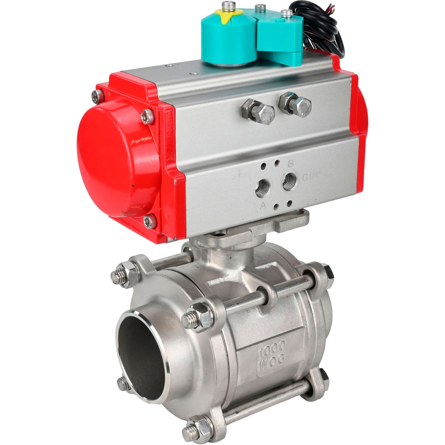 Ball valves Elephant BV3232P(3pc)-FP-W-ISO-H WDVF DN15-32 63 bar full bore, body - 316 stainless steel, seal - PTFE, for welding, with pneumatic drive PA-DA and ALS200D magnetic switch