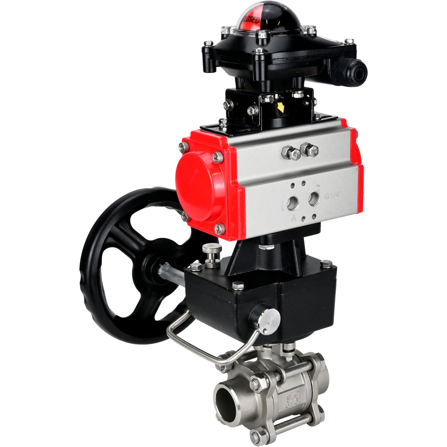 Ball valves Elephant BV3232P(3pc)-FP-W-ISO-H WDVF DN15-32 63 bar full bore, body - 316 stainless steel, seal - PTFE, for welding, with PA-DA pneumatic actuator, LSU APL-210N, manual backup for MON