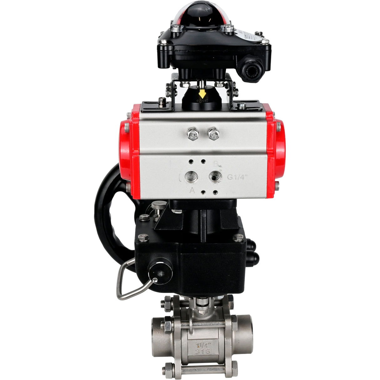 Ball valves Elephant BV3232P(3pc)-FP-W-ISO-H WDVF DN15-32 63 bar full bore, body - 316 stainless steel, seal - PTFE, for welding, with PA-DA pneumatic actuator, LSU APL-210N, manual backup for MON