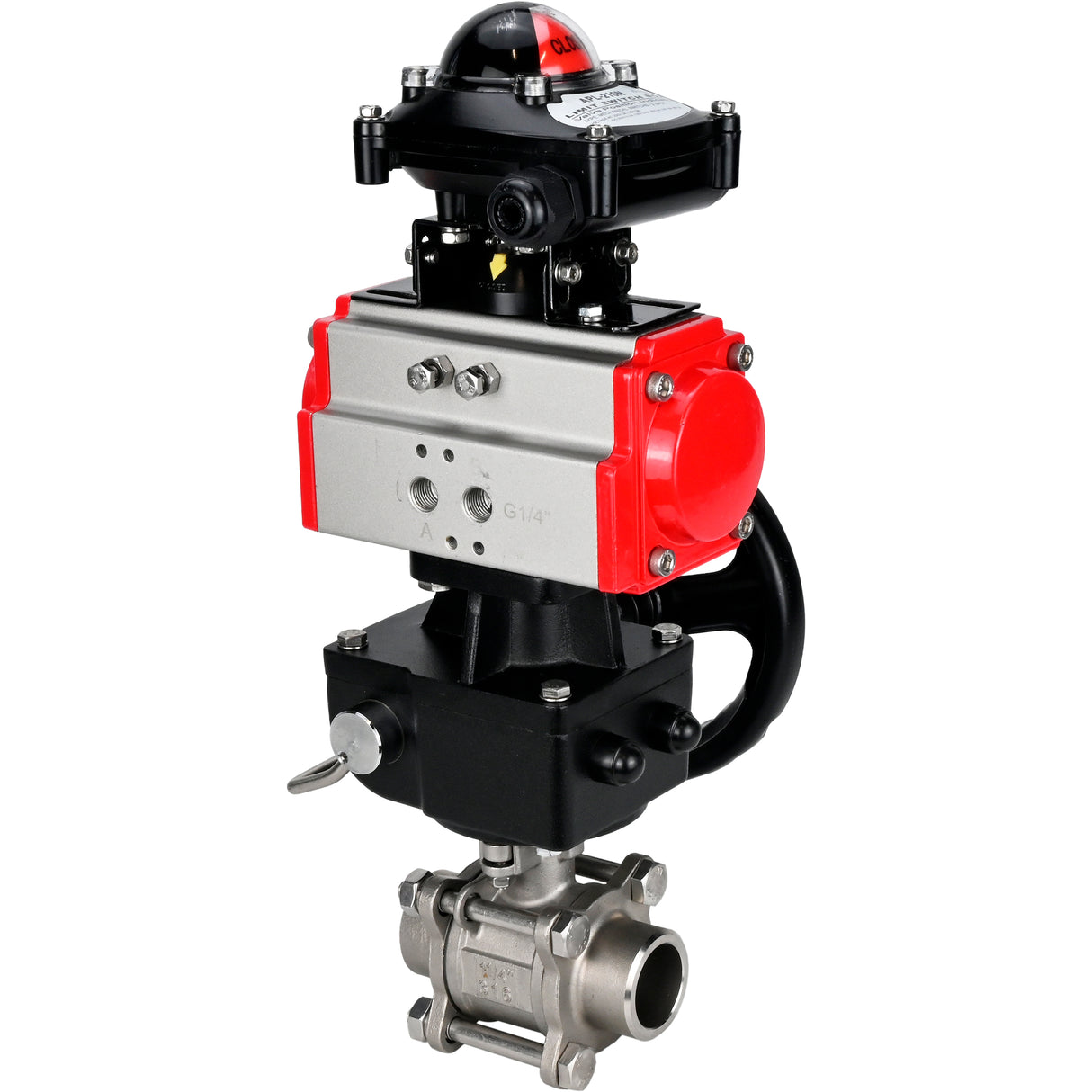 Ball valves Elephant BV3232P(3pc)-FP-W-ISO-H WDVF DN15-32 63 bar full bore, body - 316 stainless steel, seal - PTFE, for welding, with PA-DA pneumatic actuator, LSU APL-210N, manual backup for MON