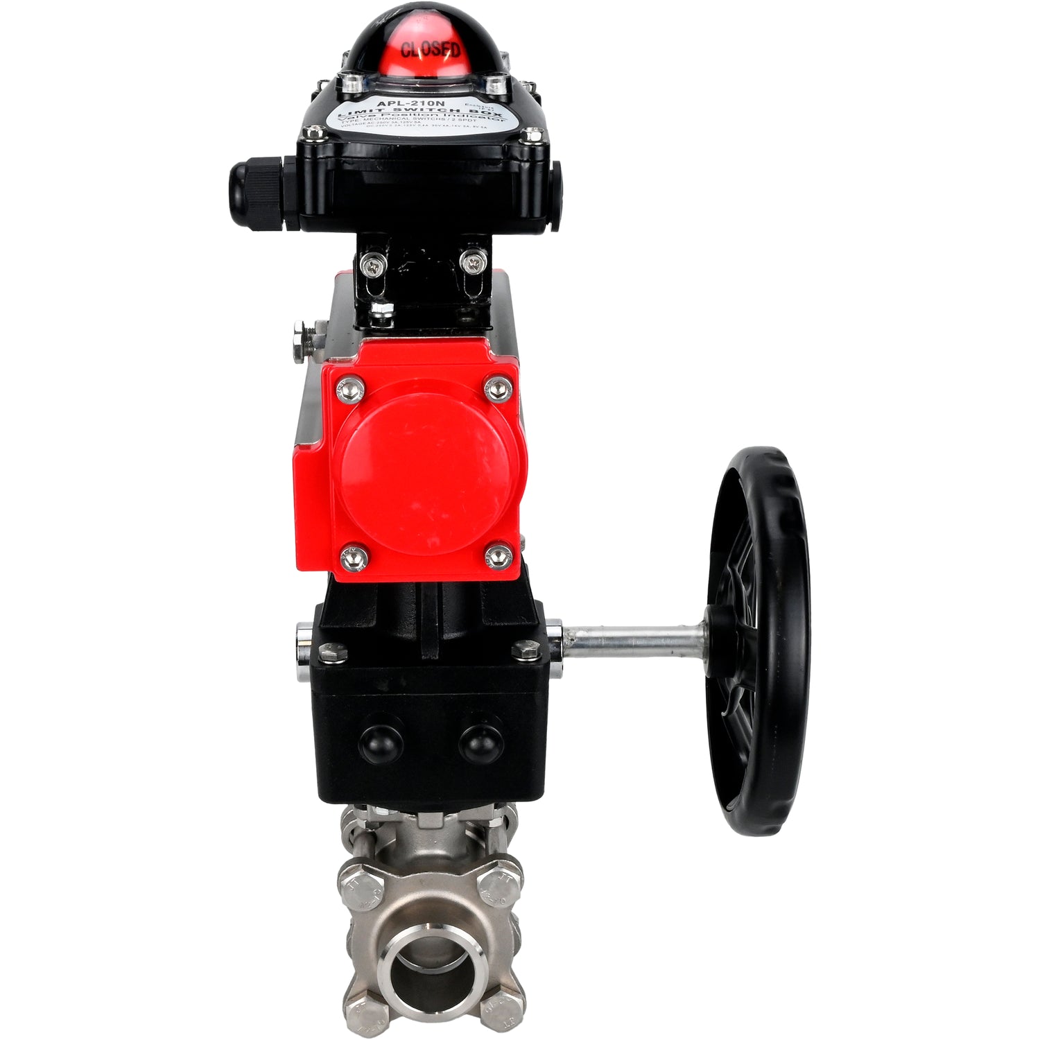 Ball valves Elephant BV3232P(3pc)-FP-W-ISO-H WDVF DN15-32 63 bar full bore, body - 316 stainless steel, seal - PTFE, for welding, with PA-DA pneumatic actuator, LSU APL-210N, manual backup for MON