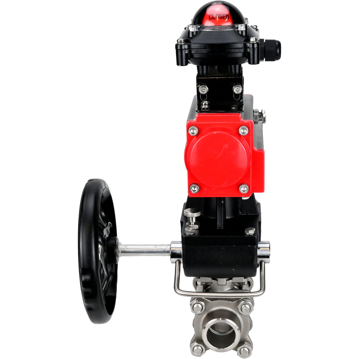 Ball valves Elephant BV3232P(3pc)-FP-W-ISO-H WDVF DN15-32 63 bar full bore, body - 316 stainless steel, seal - PTFE, for welding, with PA-DA pneumatic actuator, LSU APL-210N, manual backup for MON