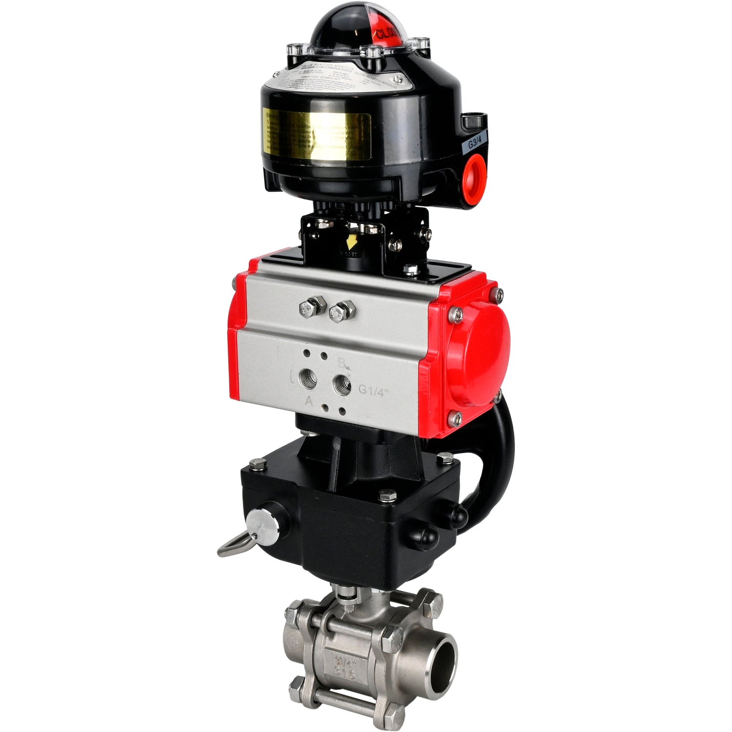 Ball valves Elephant BV3232P(3pc)-FP-W-ISO-H WDVF DN15-32 63 bar full bore, body - 316 stainless steel, seal - PTFE, for welding, with PA-DA pneumatic actuator, LSU APL-510N EX, manual backup for MON