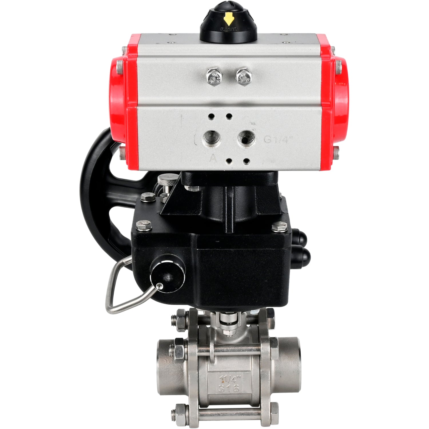 Ball valves Elephant BV3232P(3pc)-FP-W-ISO-H WDVF DN15-32 63 bar full bore, body - 316 stainless steel, seal - PTFE, for welding, with PA-DA pneumatic actuator, manual backup for MON