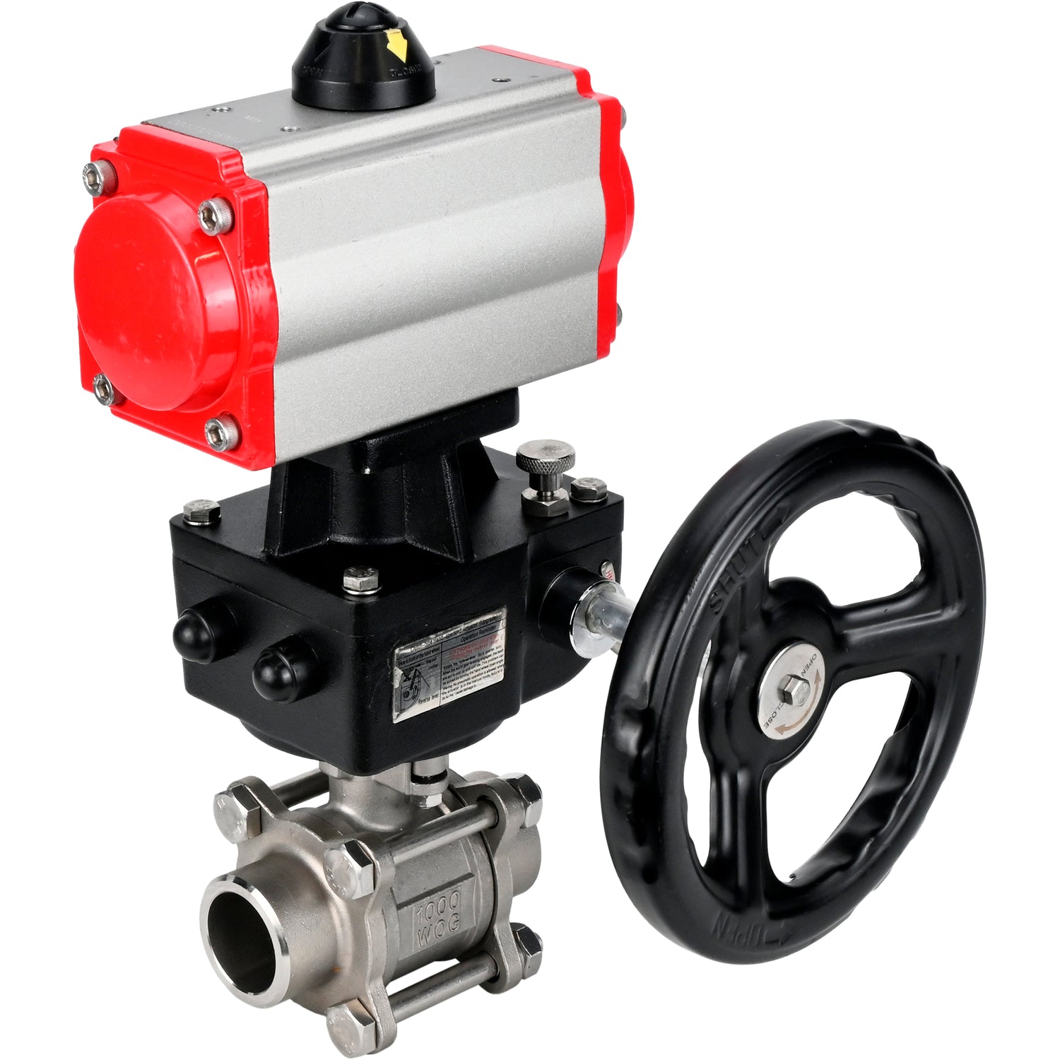 Ball valves Elephant BV3232P(3pc)-FP-W-ISO-H WDVF DN15-32 63 bar full bore, body - 316 stainless steel, seal - PTFE, for welding, with PA-DA pneumatic actuator, manual backup for MON