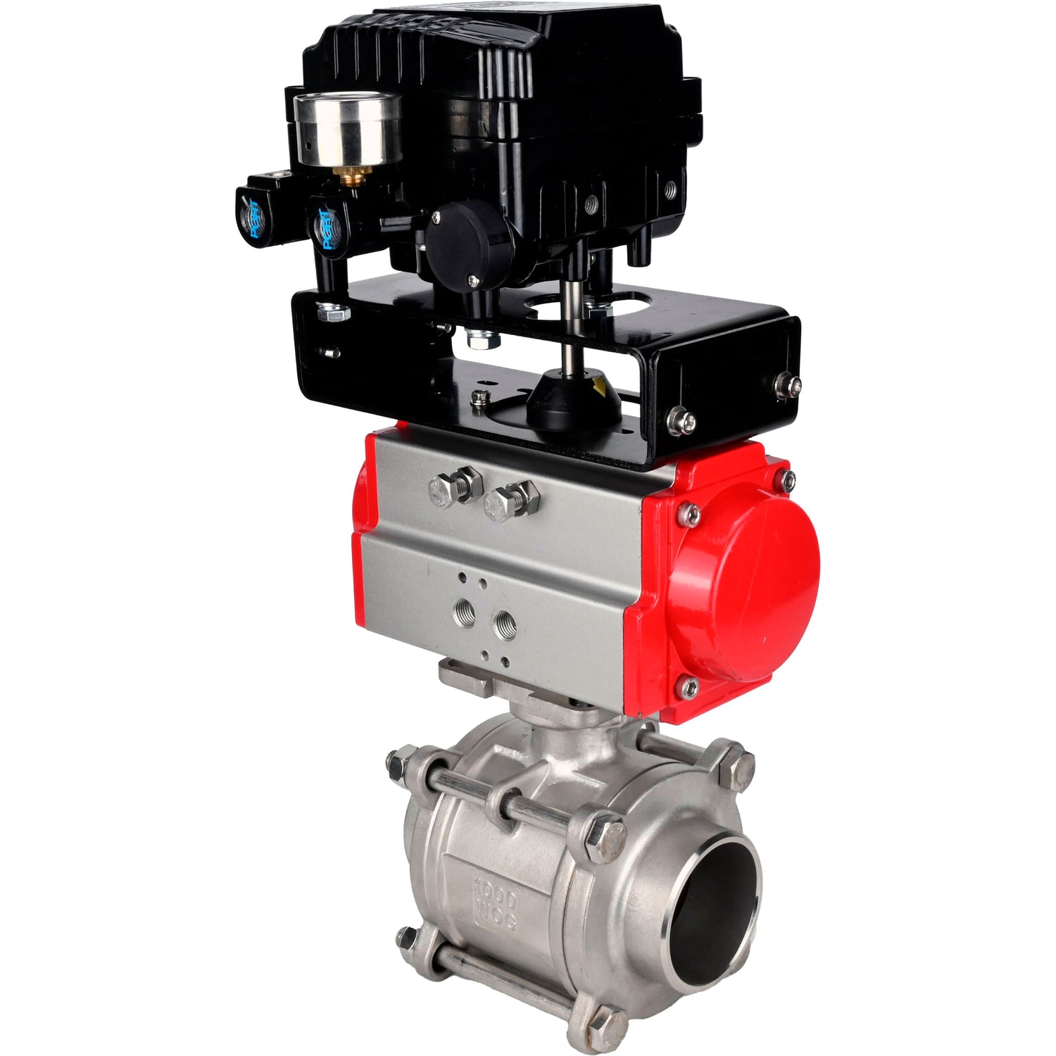 Ball valves Elephant BV3232P(3pc)-FP-W-ISO-H WDVF DN15-32 63 bar full bore, body - 316 stainless steel, seal - PTFE, for welding, with PA-SA pneumatic actuato, YT-1000RSN electro-pneumatic rotary positioner with feedback