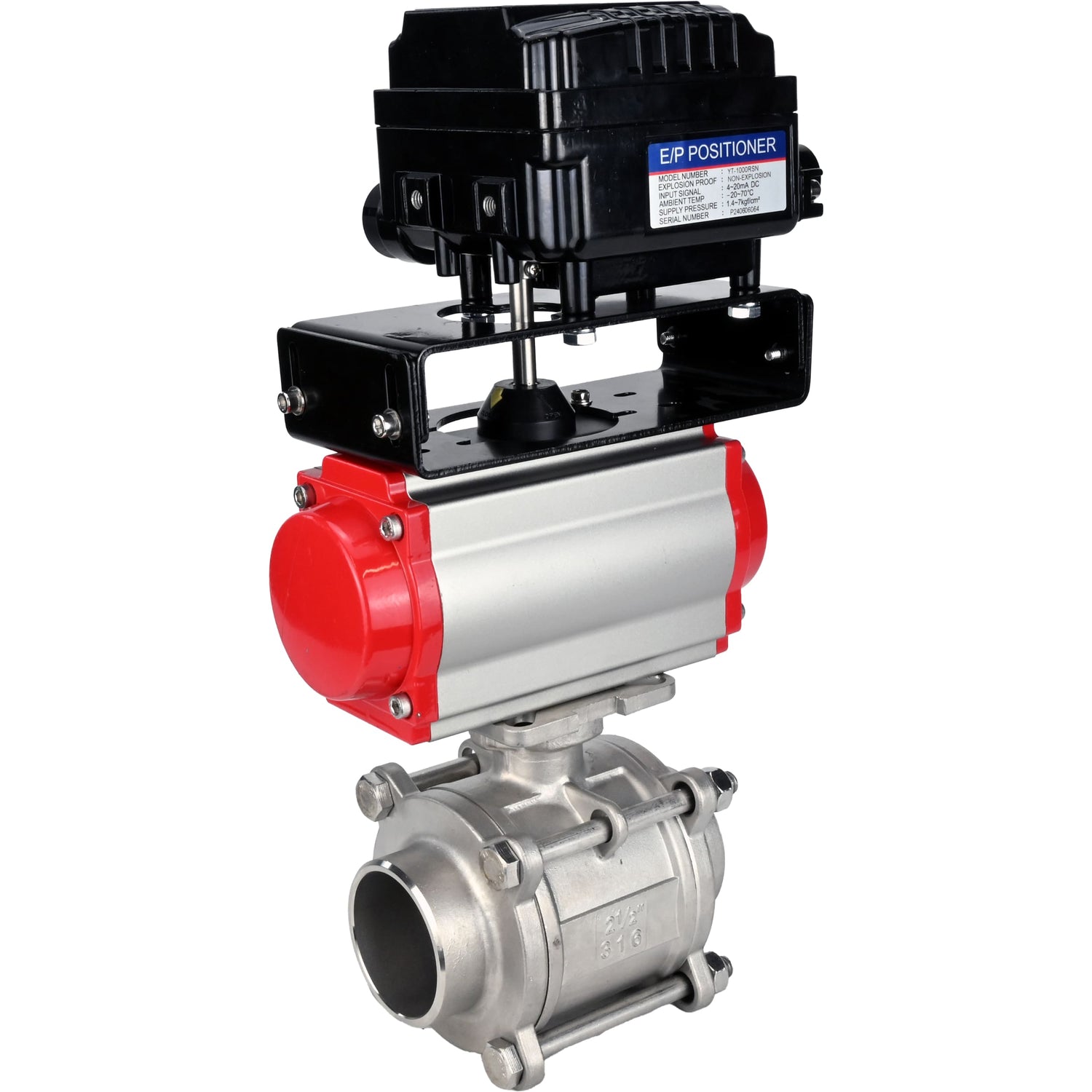 Ball valves Elephant BV3232P(3pc)-FP-W-ISO-H WDVF DN15-32 63 bar full bore, body - 316 stainless steel, seal - PTFE, for welding, with PA-SA pneumatic actuato, YT-1000RSN electro-pneumatic rotary positioner with feedback