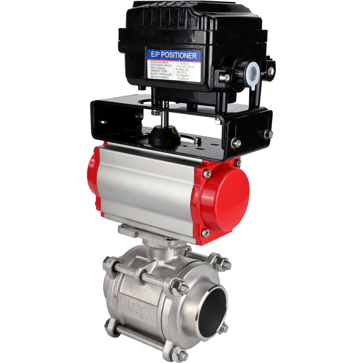 Ball valves Elephant BV3232P(3pc)-FP-W-ISO-H WDVF DN15-32 63 bar full bore, body - 316 stainless steel, seal - PTFE, for welding, with PA-SA pneumatic actuato, YT-1000RSN electro-pneumatic rotary positioner with feedback