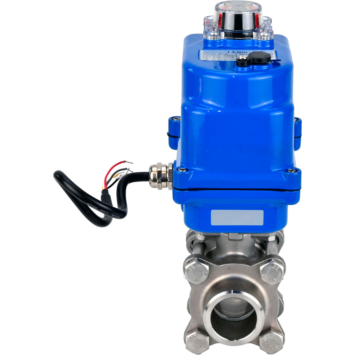 Ball valves Elephant BV3232P(3pc)-FP-W-ISO-H WDVF DN15-32 63 bar full bore, body - 316 stainless steel, seal - PTFE, for welding, with a 1/4-turn electric drive Elephant QT-N-EM-O1-12VDC-U1 blue