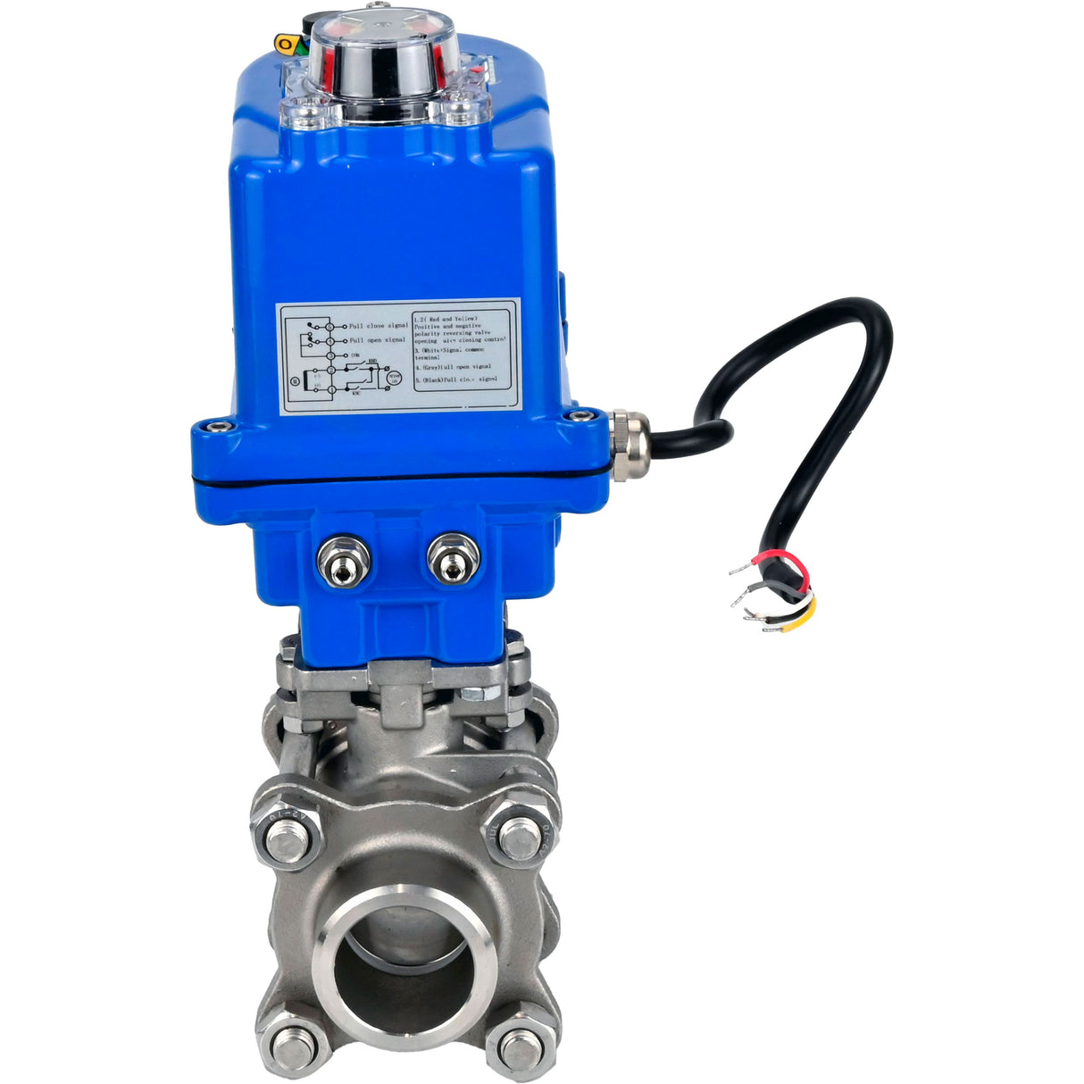 Ball valves Elephant BV3232P(3pc)-FP-W-ISO-H WDVF DN15-32 63 bar full bore, body - 316 stainless steel, seal - PTFE, for welding, with a 1/4-turn electric drive Elephant QT-N-EM-O1-12VDC-U1 blue