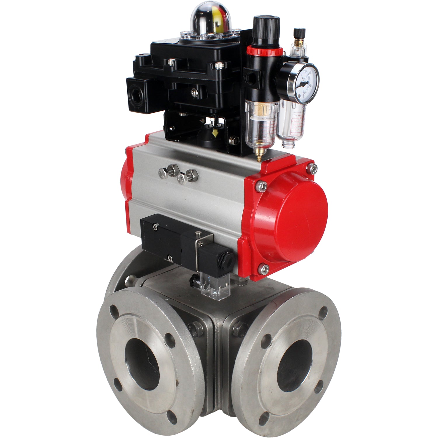 Ball valves Elephant BV3232P(4pc)-FP-3WL-F-ISO-H 16 bar full bore, flanged, body - stainless steel SS316, ISO flange F03/F04-F10/F12, square 9x9-19x19, with pneumatic drive PA-SA, pneumatic valve 4M310-08 24V, LSU APL-410N EX and ATU AFC