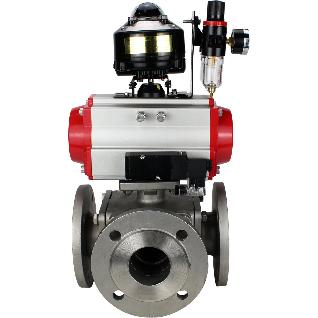 Ball valves Elephant BV3232P(4pc)-FP-3WL-F-ISO-H 16 bar full bore, flanged, body - stainless steel SS316, ISO flange F03/F04-F10/F12, square 9x9-19x19, with pneumatic drive PA-DA, pneumatic distributor 4M310-08 NAMUR 24V, LSU APL-510N EX and ATU AFC