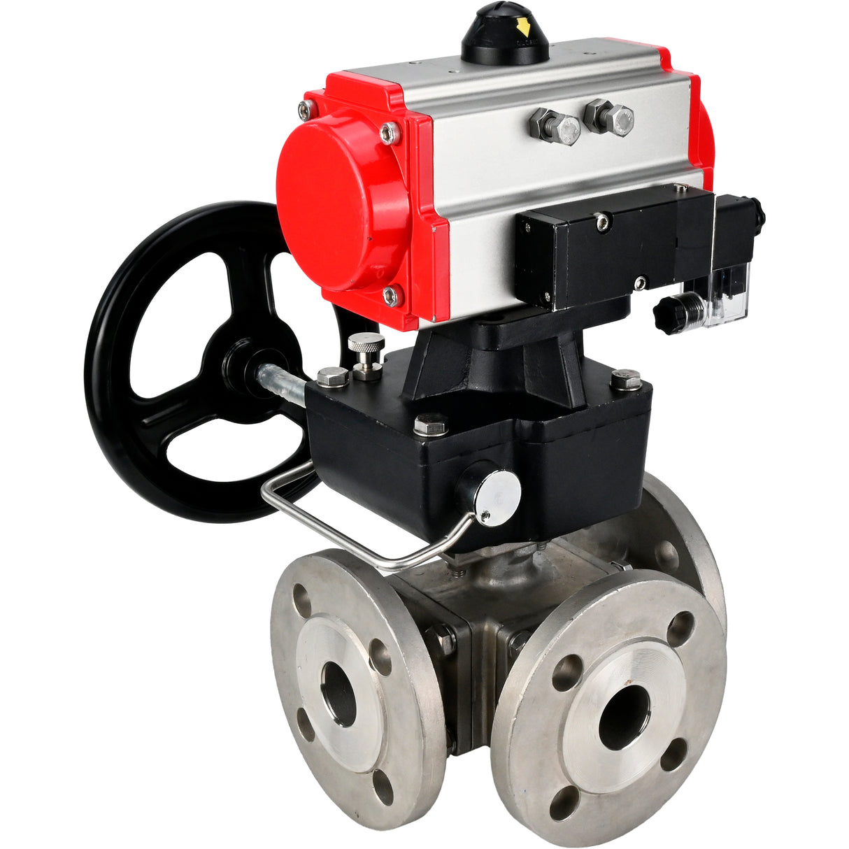 Ball valves Elephant BV3232P(4pc)-FP-3WL-F-ISO-H 16 bar full bore, flanged, body - stainless steel SS316, ISO flange F03/F04-F10/F12, square 9x9-19x19, with pneumatic drive PA-DA, pneumatic distributor 4M310-08 NAMUR 220V and Doubler MON3-700-T38-I