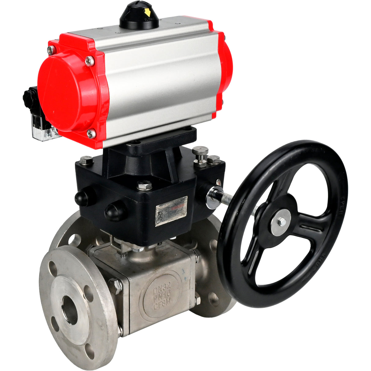 Ball valves Elephant BV3232P(4pc)-FP-3WL-F-ISO-H 16 bar full bore, flanged, body - stainless steel SS316, ISO flange F03/F04-F10/F12, square 9x9-19x19, with pneumatic drive PA-DA, pneumatic distributor 4M310-08 NAMUR 220V and Doubler MON3-700-T38-I