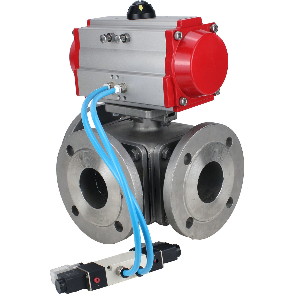 Kugelhähne Elephant BV3232P(4 Stück)-FP-3WL-F-ISO-H 16 bar Vollbohrung, geflanscht, Gehäuse - Edelstahl SS316, ISO-Flansch F03/F04-F10/F12, quadratisch 9x9-19x19, mit pneumatischem Antrieb PA-DA doppeltwirkend und pneumatischem Verteiler 4V320-8 220V