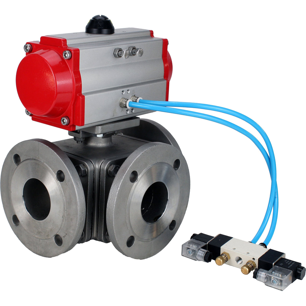 Kugelhähne Elephant BV3232P(4 Stück)-FP-3WL-F-ISO-H 16 bar Vollbohrung, geflanscht, Gehäuse - Edelstahl SS316, ISO-Flansch F03/F04-F10/F12, quadratisch 9x9-19x19, mit pneumatischem Antrieb PA-DA doppeltwirkend und pneumatischem Verteiler 4V320-8 220V