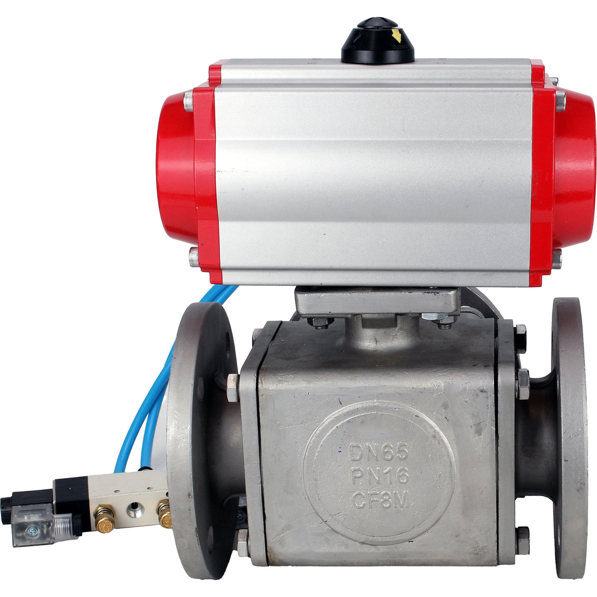 Kugelhähne Elephant BV3232P(4 Stück)-FP-3WL-F-ISO-H 16 bar Vollbohrung, geflanscht, Gehäuse - Edelstahl SS316, ISO-Flansch F03/F04-F10/F12, quadratisch 9x9-19x19, mit pneumatischem Antrieb PA-DA doppeltwirkend und pneumatischem Verteiler 4V320-8 220V