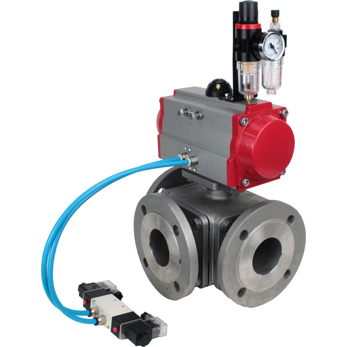 Kugelhähne Elephant BV3232P(4pc)-FP-3WL-F-ISO-H 16 bar Vollbohrung, geflanscht, Gehäuse - Edelstahl SS316, ISO-Flansch F03/F04-F10/F12, quadratisch 9x9-19x19, mit pneumatischem Antrieb PA-DA doppeltwirkend, pneumatisches Ventil 4V320-8 220V und ATU AF