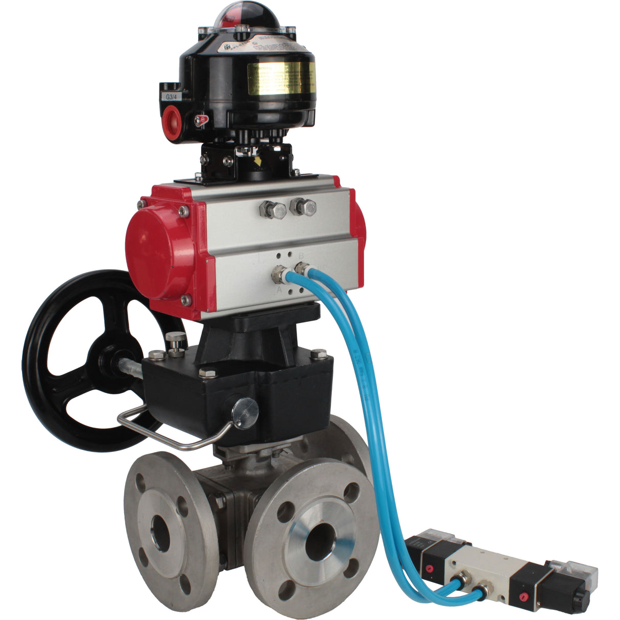 Ball valves Elephant BV3232P(4pc)-FP-3WL-F-ISO-H 16 bar full bore, flanged, body - stainless steel SS316, ISO flange F03/F04-F10/F12, square 9x9-19x19, with pneumatic drive PA-DA, mon/distributor 4V320-10 220V, LSU APL-510N EX and Doubler MON3-700-T38-IS