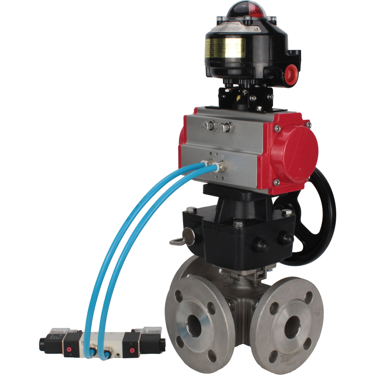 Ball valves Elephant BV3232P(4pc)-FP-3WL-F-ISO-H 16 bar full bore, flanged, body - stainless steel SS316, ISO flange F03/F04-F10/F12, square 9x9-19x19, with pneumatic drive PA-DA, mon/distributor 4V320-10 220V, LSU APL-510N EX and Doubler MON3-700-T38-IS