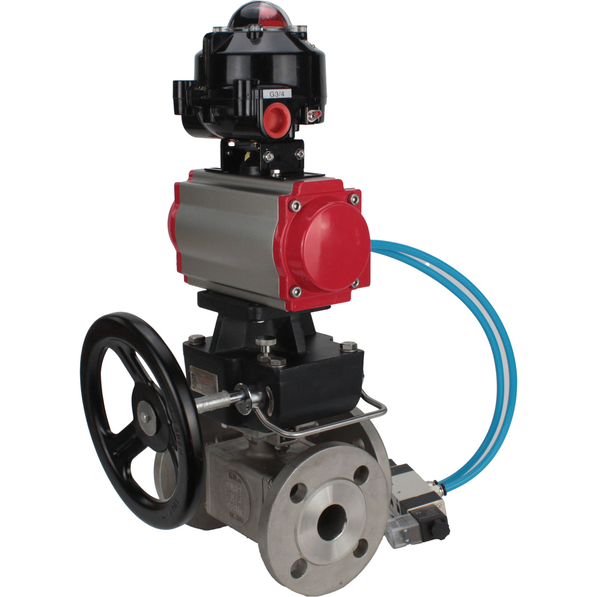 Ball valves Elephant BV3232P(4pc)-FP-3WL-F-ISO-H 16 bar full bore, flanged, body - stainless steel SS316, ISO flange F03/F04-F10/F12, square 9x9-19x19, with pneumatic drive PA-DA, mon/distributor 4V320-10 220V, LSU APL-510N EX and Doubler MON3-700-T38-IS