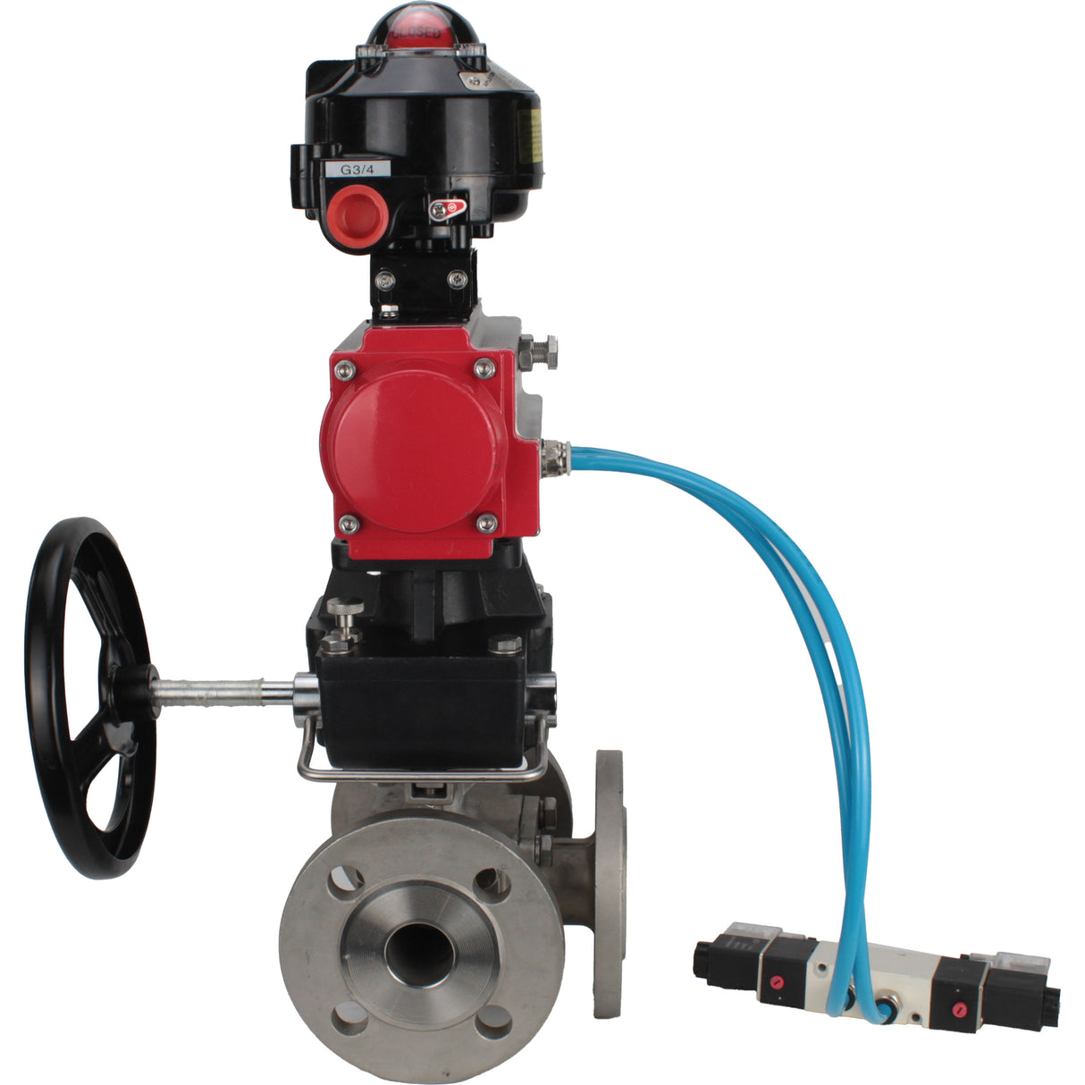 Ball valves Elephant BV3232P(4pc)-FP-3WL-F-ISO-H 16 bar full bore, flanged, body - stainless steel SS316, ISO flange F03/F04-F10/F12, square 9x9-19x19, with pneumatic drive PA-DA, mon/distributor 4V320-10 220V, LSU APL-510N EX and Doubler MON3-700-T38-IS