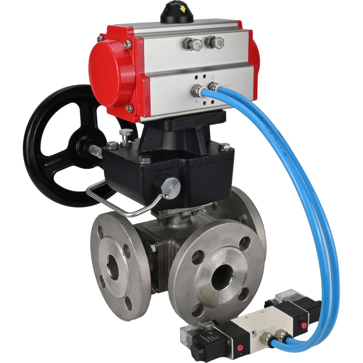 Ball valves Elephant BV3232P(4pc)-FP-3WL-F-ISO-H 16 bar full bore, flanged, body - stainless steel SS316, ISO flange F03/F04-F10/F12, square 9x9-19x19, with pneumatic drive PA-DA, pneumatic distributor 4V320-8 220V and Doubler MON3-700-T38-IS