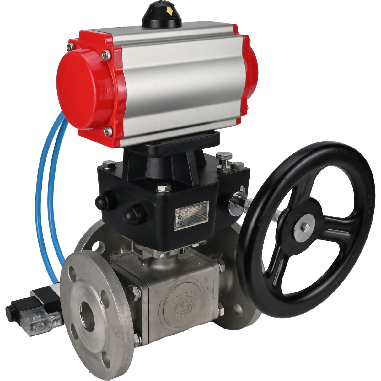 Ball valves Elephant BV3232P(4pc)-FP-3WL-F-ISO-H 16 bar full bore, flanged, body - stainless steel SS316, ISO flange F03/F04-F10/F12, square 9x9-19x19, with pneumatic drive PA-DA, pneumatic distributor 4V320-8 220V and Doubler MON3-700-T38-IS