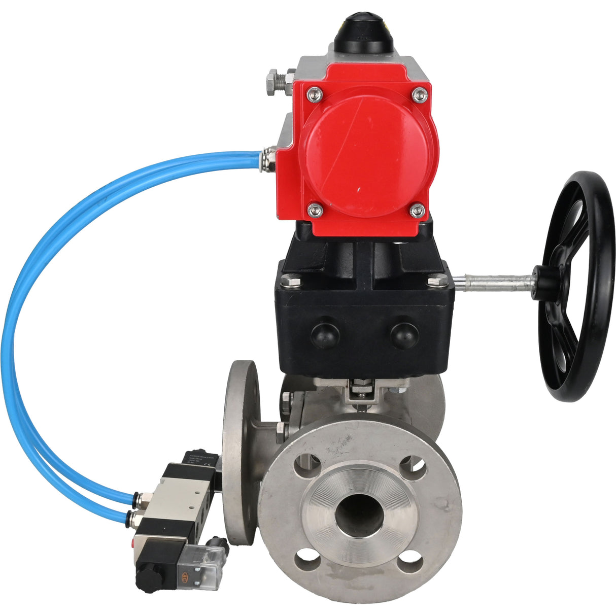 Ball valves Elephant BV3232P(4pc)-FP-3WL-F-ISO-H 16 bar full bore, flanged, body - stainless steel SS316, ISO flange F03/F04-F10/F12, square 9x9-19x19, with pneumatic drive PA-DA, pneumatic distributor 4V320-8 220V and Doubler MON3-700-T38-IS