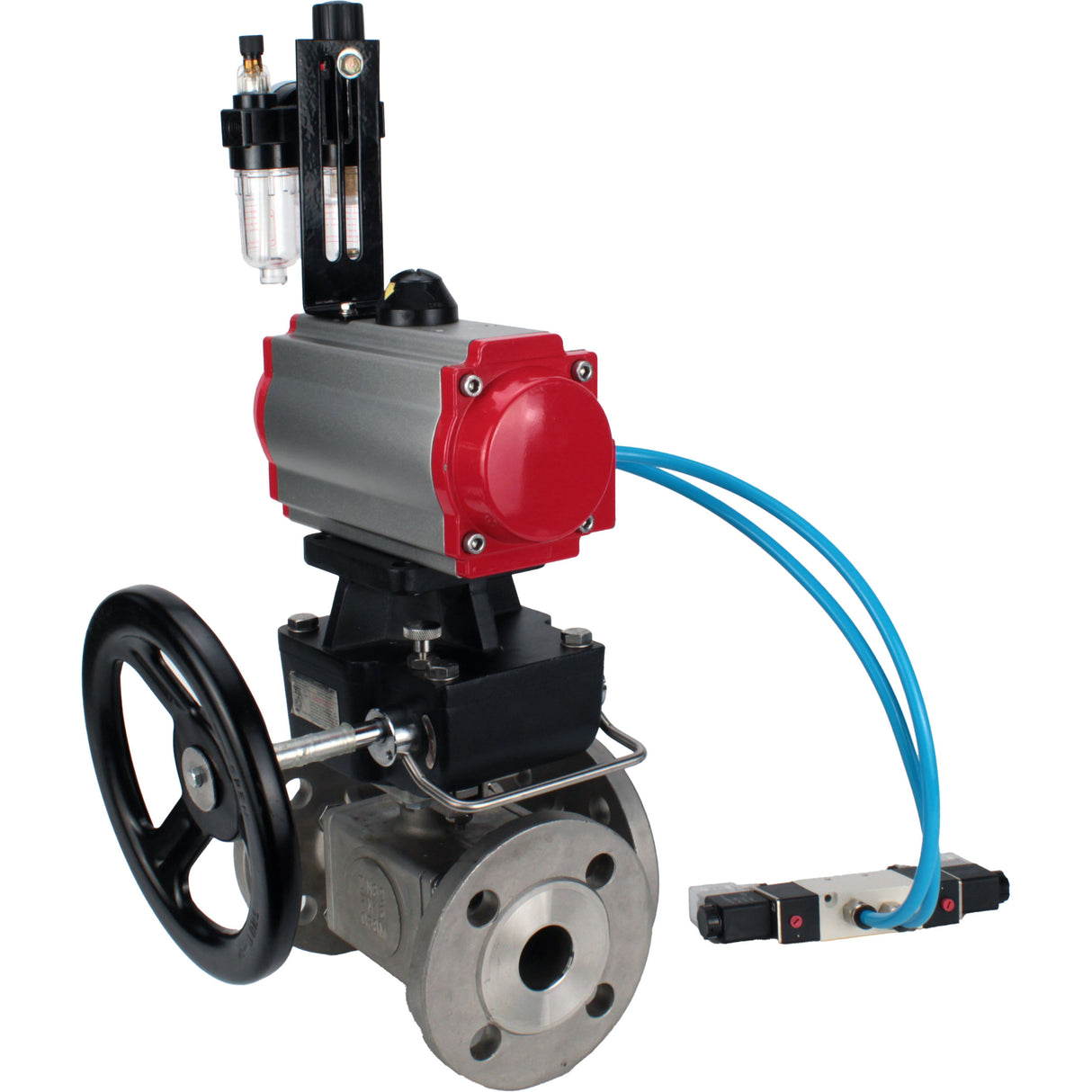 Ball valves Elephant BV3232P(4pc)-FP-3WL-F-ISO-H 16 bar full bore, flanged, body - stainless steel SS316, ISO flange F03/F04-F10/F12, square 9x9-19x19, with pneumatic drive PA-DA, mon/distribution 4V320-10 220V, Doubler MON3-700-T38-ISO and ATU AFC