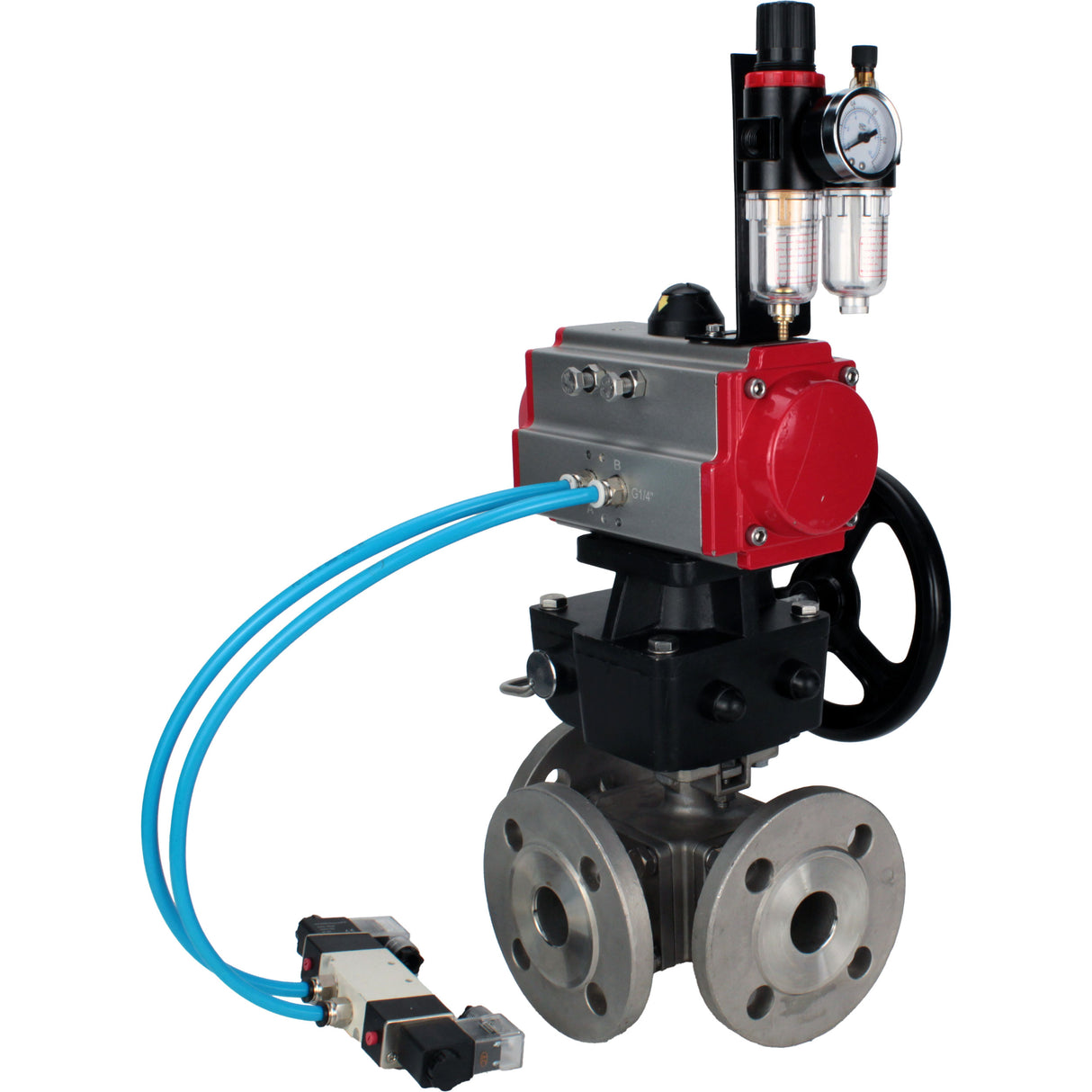 Ball valves Elephant BV3232P(4pc)-FP-3WL-F-ISO-H 16 bar full bore, flanged, body - stainless steel SS316, ISO flange F03/F04-F10/F12, square 9x9-19x19, with pneumatic drive PA-DA, mon/distribution 4V320-10 220V, Doubler MON3-700-T38-ISO and ATU AFC