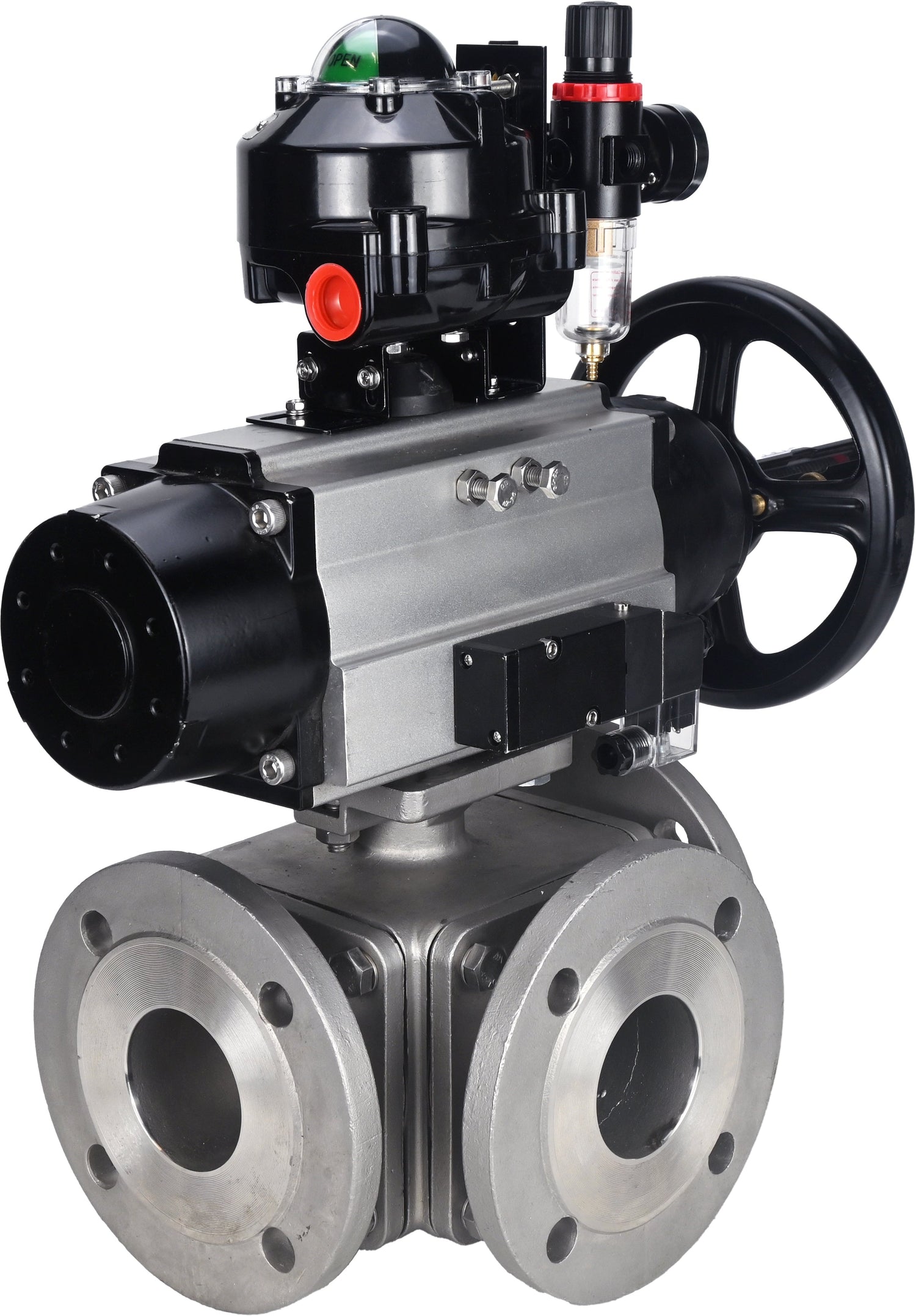 Ball valves Elephant BV3232P(4pc)-FP-3WL-F-ISO-H DN100 16 bar full bore, flanged, body - stainless steel SS316, ISO flange F10/F12, square 19x19, with pneumatic actuator PA-DA-105-1, pneumatic distributor 4M310-08 220V, LSU APL-510N EX and ATU AFC2000