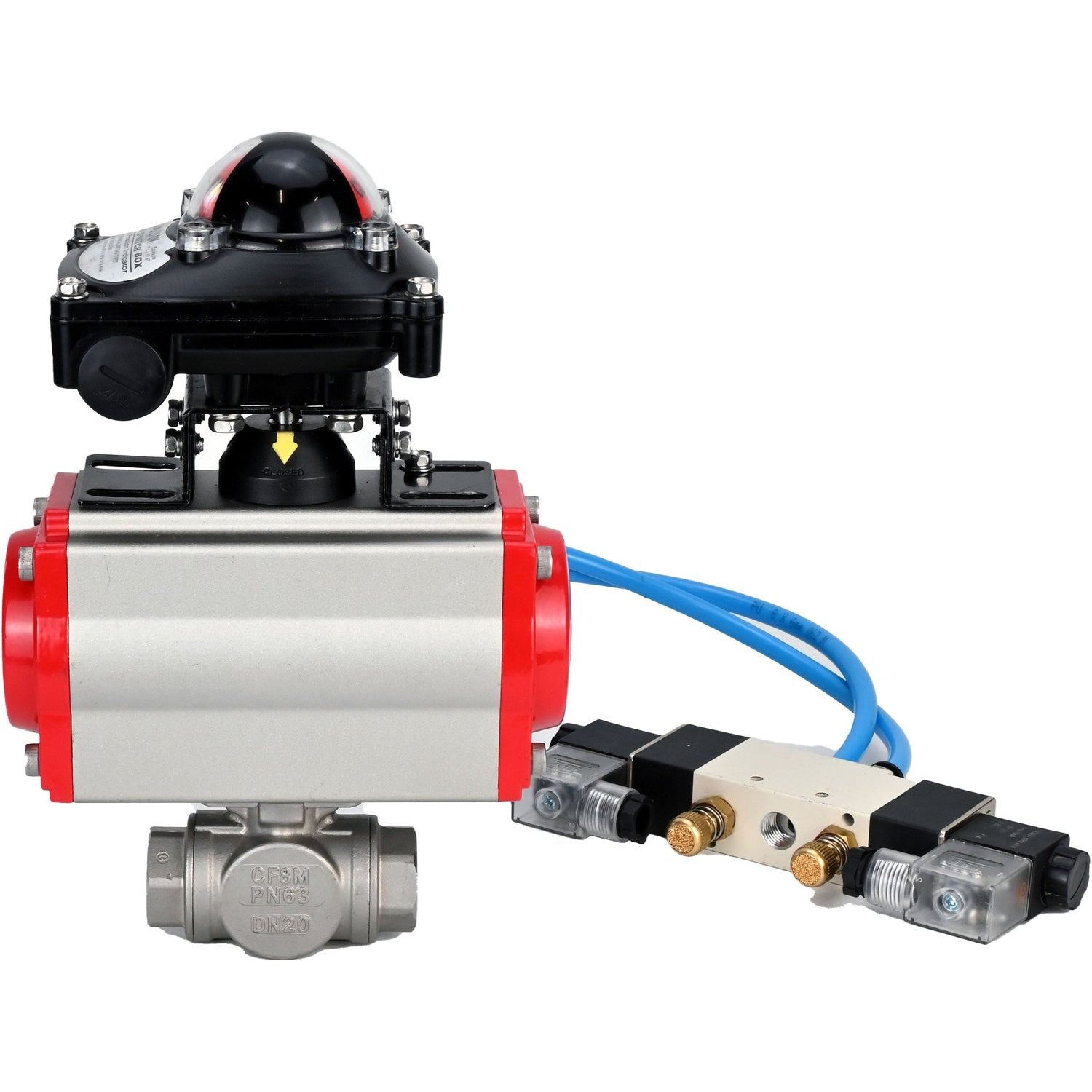 Kugelhähne Elephant BV3232P(4 Stück)-SP-3WL-T-ISO-H, Gehäusematerial - Edelstahl AISI 316, Dichtung - PTFE / PTFE / Teflon, mit pneumatischem Doppelwirkungsantrieb PA-DA, 4V320-08 220V, LSU APL-210N