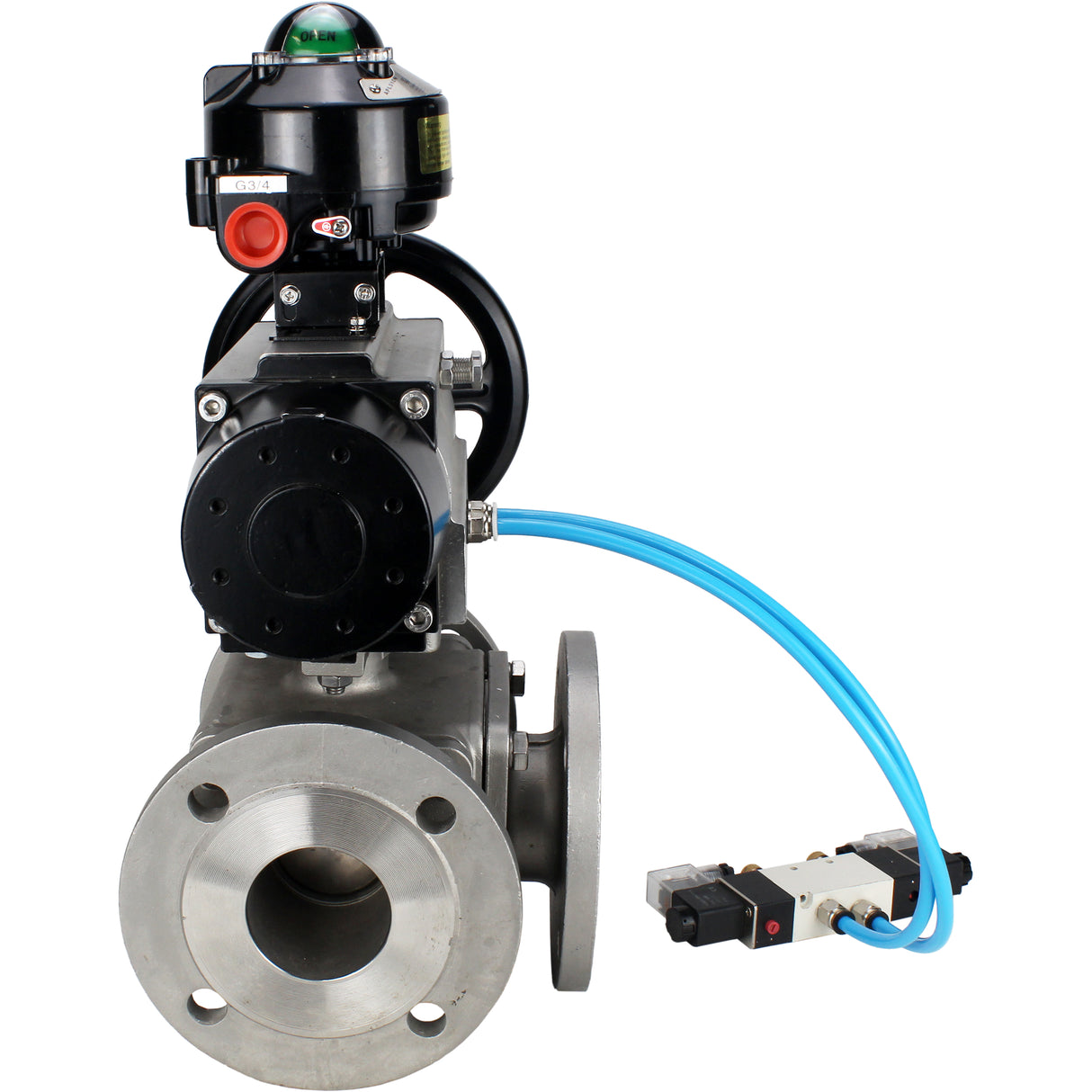 Ball valves Elephant BV3232P(4pc)-FP-3WL-F-ISO-H DN100 16 bar full bore, flanged, body - stainless steel SS316, ISO flange F10/F12, square 19x19, with double pneumatic actuator PA-DA-105-1 action, pneumatic distributor 4V320-8 220V and LSU APL-510N EX