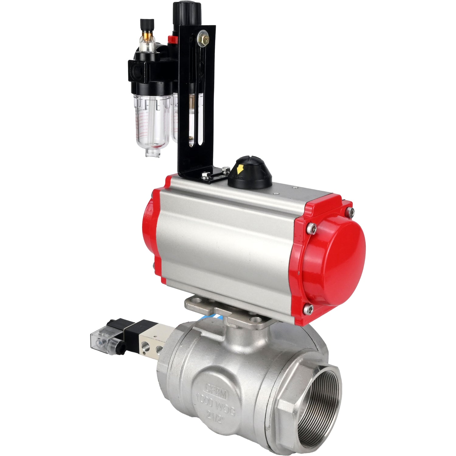 Kugelhähne Elephant BV3232P(4pc)-SP-3WL-T-ISO-H, Gehäusematerial - Edelstahl AISI 316, Dichtung - PTFE / PTFE / Teflon, mit pneumatischem Doppelwirkungsantrieb PA-DA, 4V320-08 220V, ATU AFC2000