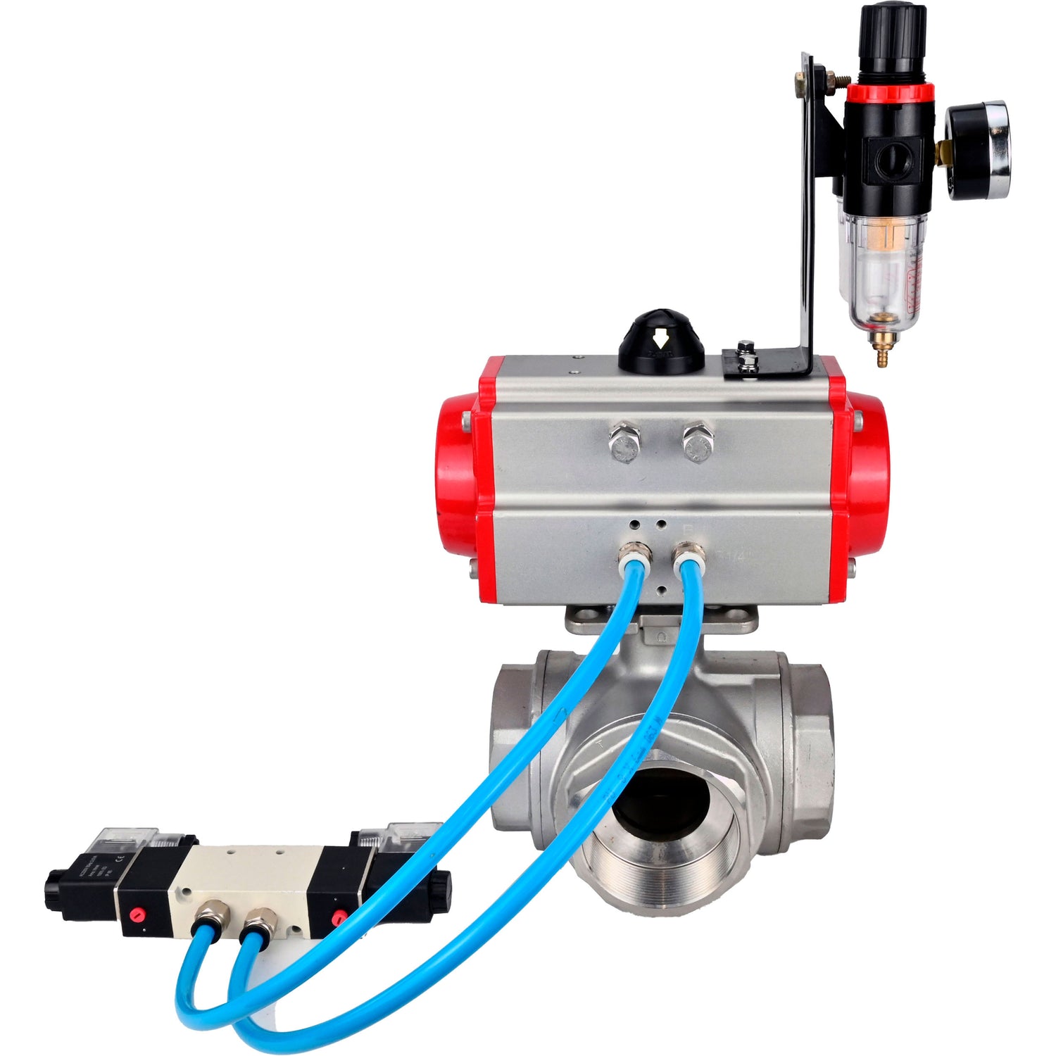 Kugelhähne Elephant BV3232P(4pc)-SP-3WL-T-ISO-H, Gehäusematerial - Edelstahl AISI 316, Dichtung - PTFE / PTFE / Teflon, mit pneumatischem Doppelwirkungsantrieb PA-DA, 4V320-08 220V, ATU AFC2000