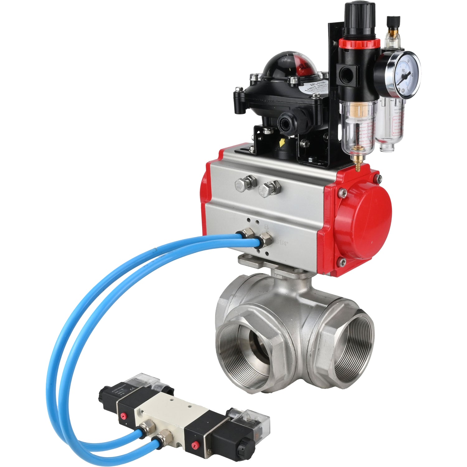 Kugelhähne Elephant BV3232P(4 Stück)-SP-3WL-T-ISO-H, Gehäusematerial - Edelstahl AISI 316, Dichtung - PTFE / PTFE / Teflon, mit pneumatischem Doppelwirkungsantrieb PA-DA, 4V320-08 220V, LSU APL-210N, ATU AFC2000