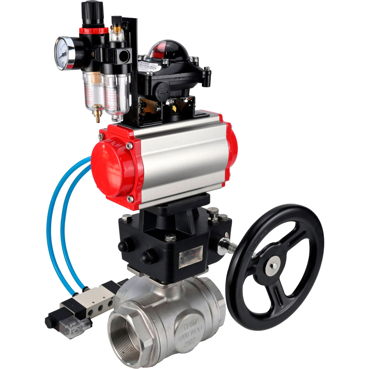 Kugelhähne Elephant BV3232P(4pc)-SP-3WL-T-ISO-H, Gehäusematerial - Edelstahl AISI 316, Dichtung - PTFE / PTFE / Teflon, mit pneumatischem Doppelwirkungsantrieb PA-DA, 4V320-10 220V, LSU APL-210N, Handrad MON, ATU AFC2000