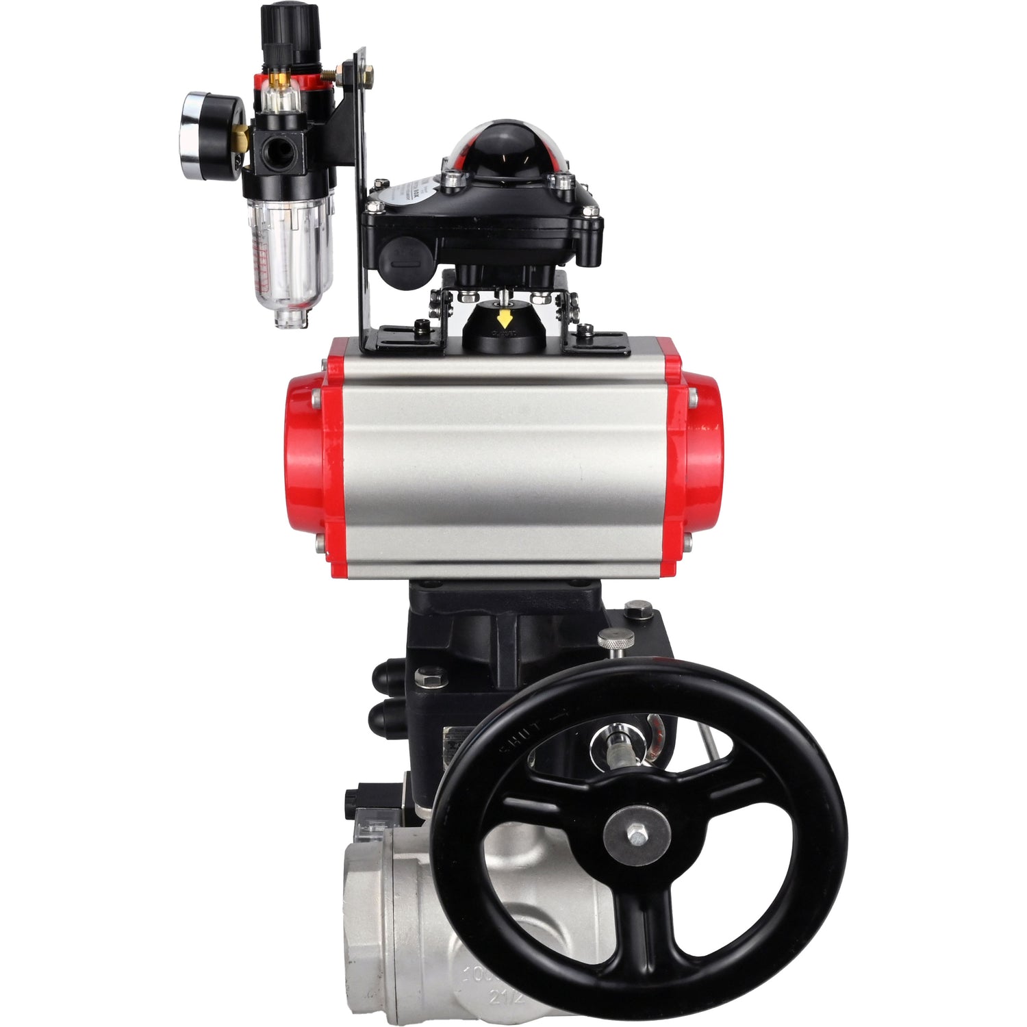 Kugelhähne Elephant BV3232P(4pc)-SP-3WL-T-ISO-H, Gehäusematerial - Edelstahl AISI 316, Dichtung - PTFE / PTFE / Teflon, mit pneumatischem Doppelwirkungsantrieb PA-DA, 4V320-10 220V, LSU APL-210N, Handrad MON, ATU AFC2000