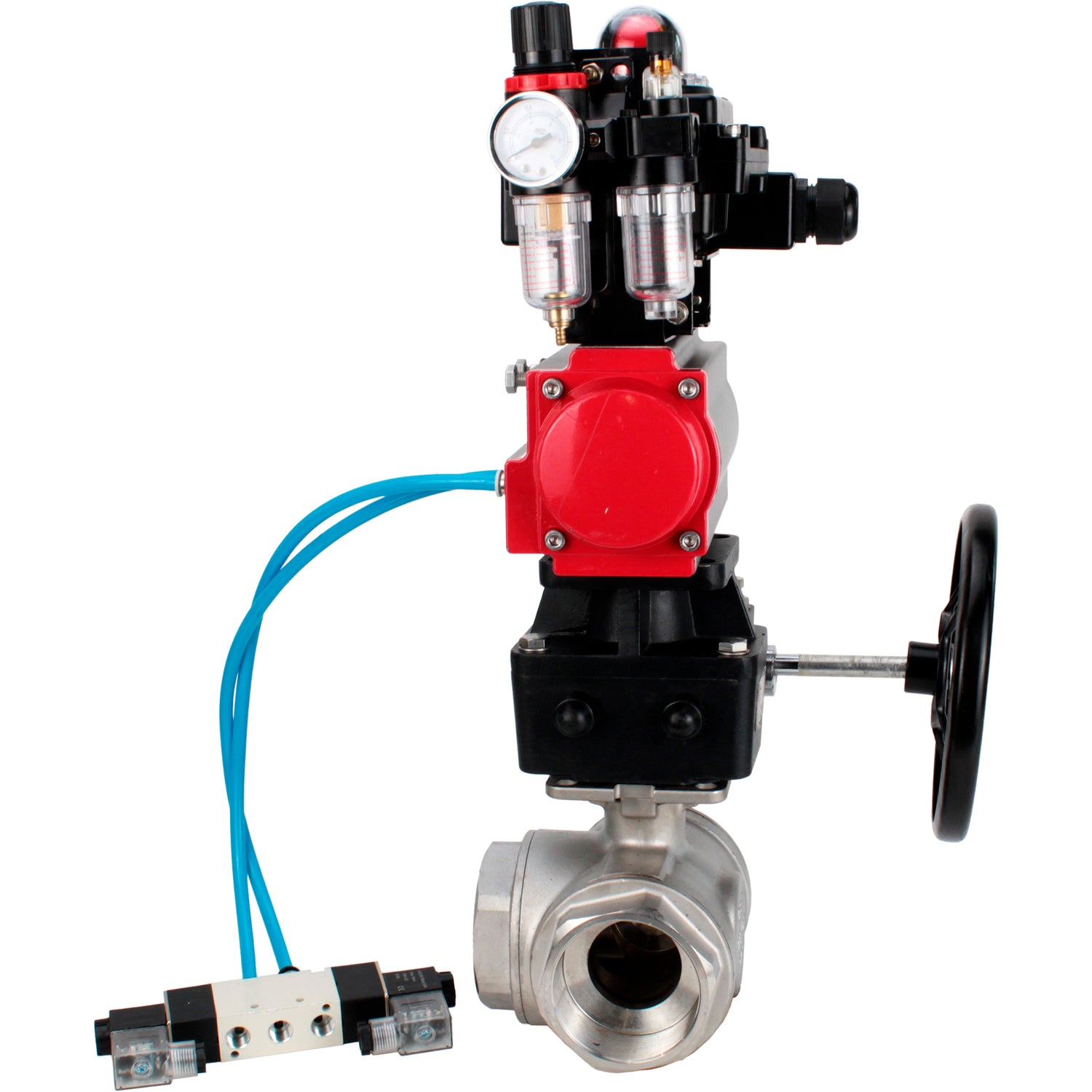 Kugelhähne Elephant BV3232P(4 Stück)-SP-3WL-T-ISO-H, Gehäusematerial - Edelstahl AISI 316, Dichtung - PTFE / PTFE / Teflon, mit pneumatischem Doppelwirkungsantrieb PA-DA, 4V320-10 220V, LSU APL-410N Ex, Handrad MON, ATU AFC2000
