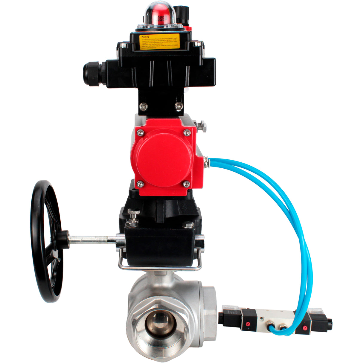 Kugelhähne Elephant BV3232P(4 Stück)-SP-3WL-T-ISO-H, Gehäusematerial - Edelstahl AISI 316, Dichtung - PTFE / PTFE / Teflon, mit pneumatischem Doppelwirkungsantrieb PA-DA, 4V320-10 220V, LSU APL-410N Ex, Handrad MON, ATU AFC2000