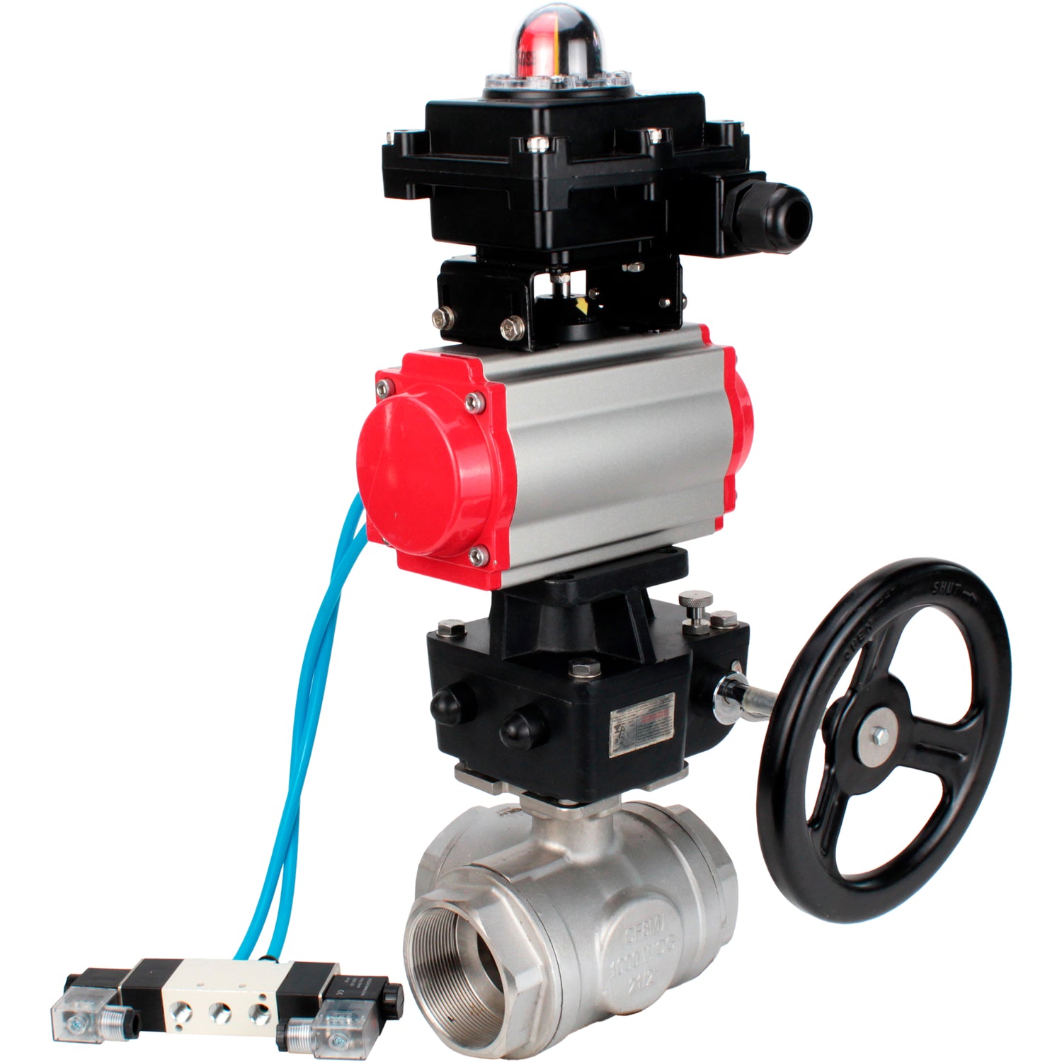 Kugelhähne Elephant BV3232P(4pc)-SP-3WL-T-ISO-H, Gehäusematerial - Edelstahl AISI 316, Dichtung - PTFE / PTFE / Teflon, mit pneumatischem Doppelwirkungsantrieb PA-DA, 4V320-08 220V, LSU APL-410N Ex, Handrad MON