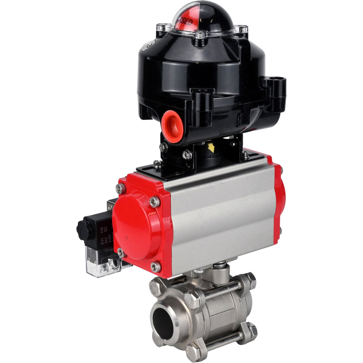 Kugelhähne Elephant BV3232P(3pc)-FP-W-ISO-H zum Schweißen, voller Durchgang, Gehäuse - Edelstahl SS316, Dichtung - PTFE, mit pneumatischem Antrieb Elephant PA-SA 052- 130 pneumatischer Verteiler 4M310-08 220V LSU APL-510N-EX