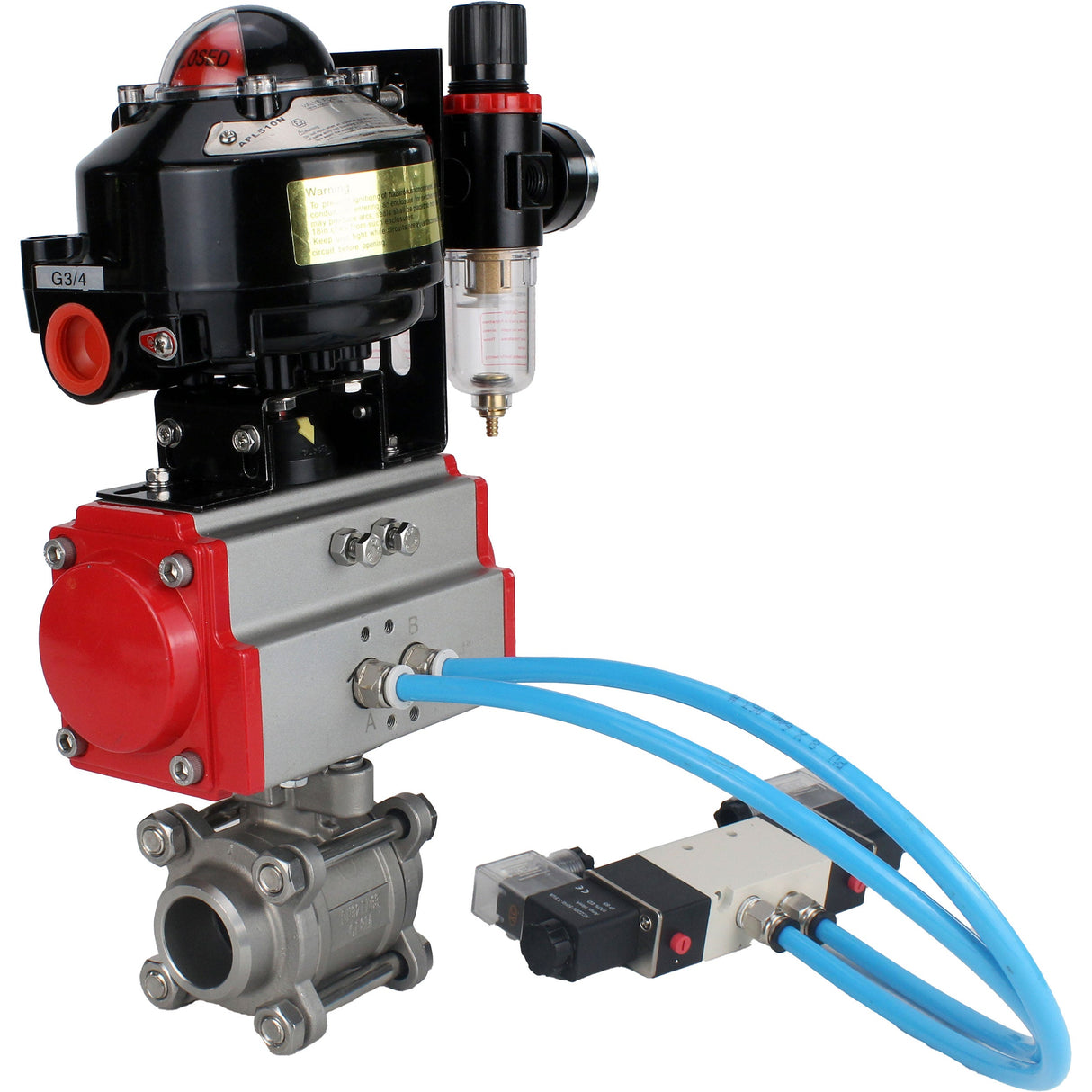 Kugelhähne Elephant BV3232P(3pc)-FP-W-ISO-H zum Schweißen, voller Durchgang, Gehäuse aus Edelstahl. Stahl SS316, Dichtung - PTFE, mit pneumatischem Antrieb Elephant PA-SA 052-130 pneumatischer Verteiler 4V320-08 ATU AFC2000 APL-510N-EX